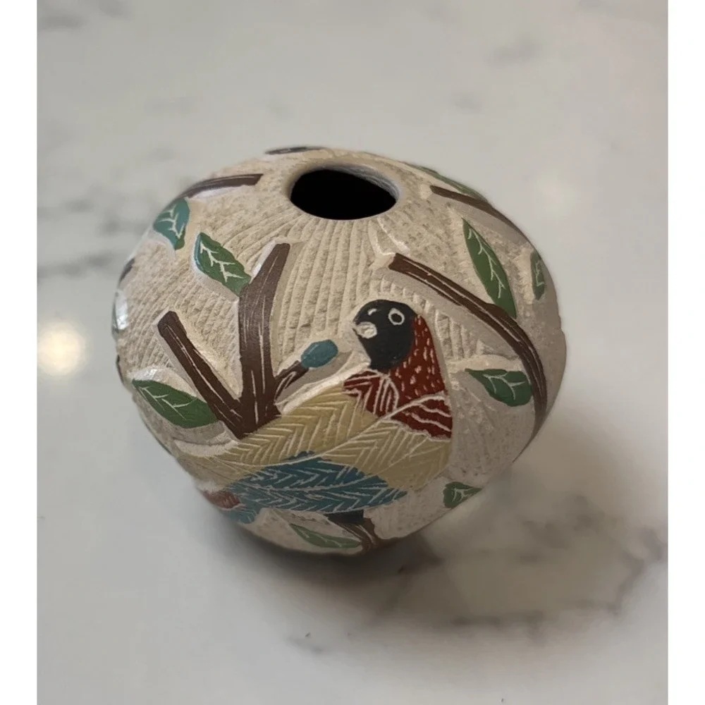 Mata Ortiz Pottery Small Vessel Bud Vase McCaw‎ Bird Trees Signed Jaime Villa 2